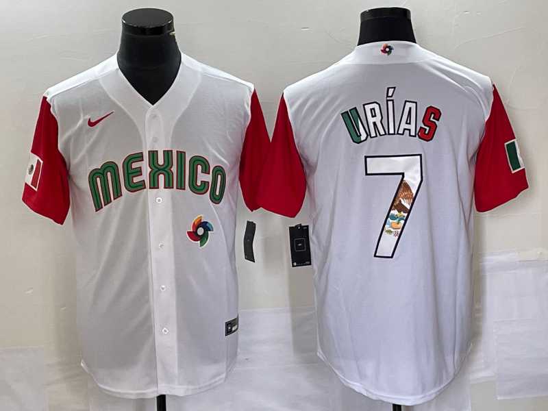 Men%27s Mexico Baseball #7 Julio Urias Number 2023 White Red World Classic Stitched Jersey 15